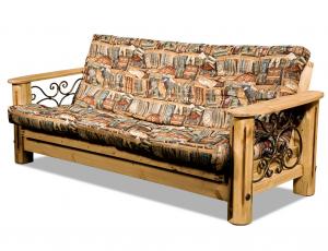 Диван-кровать Викинг 02 (плюс мягкий элемент). Боковины дивана украшены коваными элементами ручной работы. Размер спального места в разложенном виде 140х200 см. Массив сосны, отделка с эфектом старения.