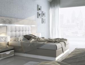 Комплект для спальни 38 QS (Кровать 160+ боковые панели для изголовья 513 высота 140 с подсветкой +рама для кровати с опорой +тумбочка изогнутая 1 ящ.)
