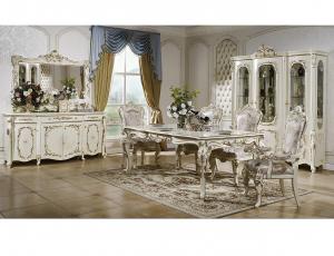 Столовая Венеция  комплект : Сервант 4-х. дв., комод с зер., стол обеденный 2,4 (2,8-3,2), стул -6 шт., стул с подлокотниками -2 шт., цвет: слоновая кость + золото.