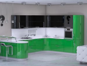 Кухня Фреш,  фасад крашенный, цвет зеленый с черным, покрытие: лак.. Фурнитура Blum ящики Тандембокс с доводчиками, складные двери мех. Авентос.