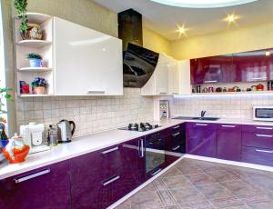 Кухня Фреш,  фасад крашенный, цвет фиолет с белым, покрытие: лак. Фурнитура Blum ящики метабокс с доводчиком, двери вверх отдельного открывания.