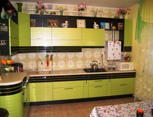 Кухня с крашенными фасадами под лаком со вставкой из шпона, цвет по каталогу RAL