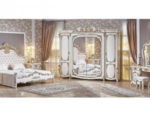 Спальня "Венеция" крем комплект: (шкаф 6 дв.+ кровать с мягкой спинкой 180*200 + тумбочки + т. стол с зеркалом+пуф)