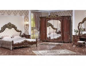 Спальня "Венеция" орех комплект: (шкаф 6 дв.+ кровать с мягкой спинкой 180*200 + тумбочки + т. стол с зеркалом+пуф)