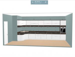 Кухня с крашенными фасадами под лаком, вставка Эбен АА05, фурнитура Blum, подъемники Aventos