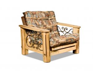 Кресло-кровать Викинг 02 (плюс мягкий элемент). Размер спального места 80х195. Боковины кресла украшены коваными элементами ручной работы. Массив сосны, отделка с эфектом старения.