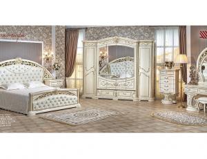 Спальня "Латифа" крем комплект: (шкаф 6 дв.+ кровать с мягкой спинкой 180*200 + тумбочки + т. стол с зеркалом+пуф)